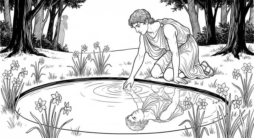 Narcissus at the pool, transfixed by his own reflection. The narcissus flowers blooming at the water