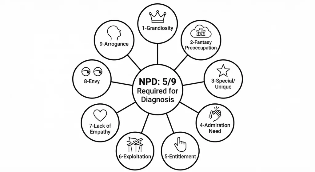 The nine DSM-5 criteria for Narcissistic Personality Disorder. Five of nine must be present for diag