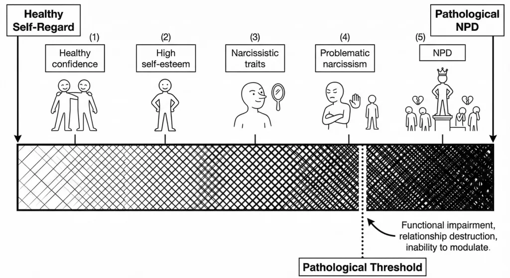 The narcissism spectrum from healthy self-regard to pathological NPD. The pathological threshold mar