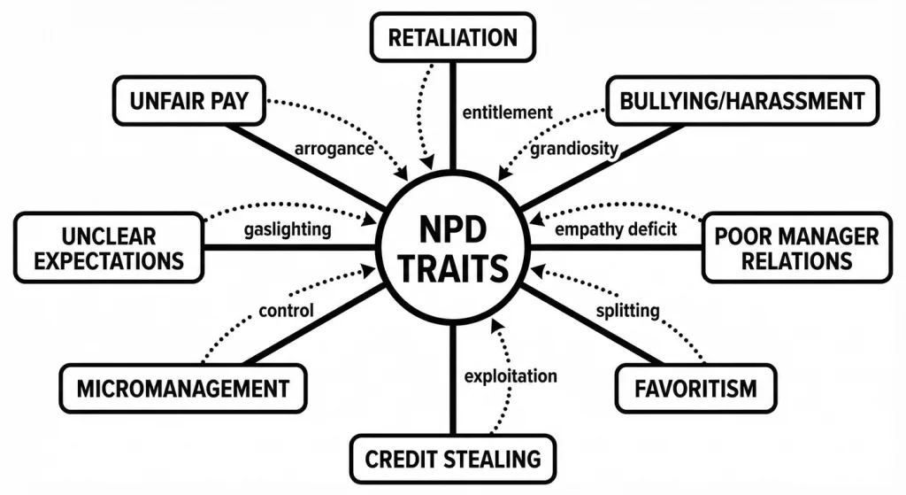 Suggestive parallels between NPD traits and workplace complaints. Major categories of workplace comp