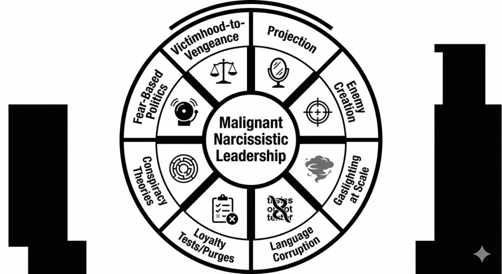 Eight tactics malignant narcissistic leaders deploy. The pattern repeats across cultures and ideolog