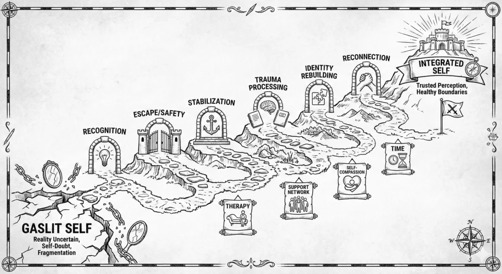 Recovery roadmap from gaslit to integrated self. The journey involves recognition, separation, stabi