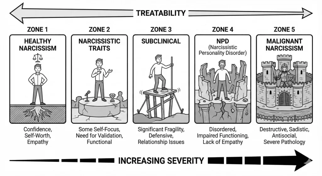 Five zones of narcissism from healthy self-regard through pathological NPD, showing decreasing treat