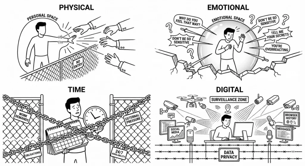 Four categories of narcissistic boundary violations: physical space intrusions, emotional access dem
