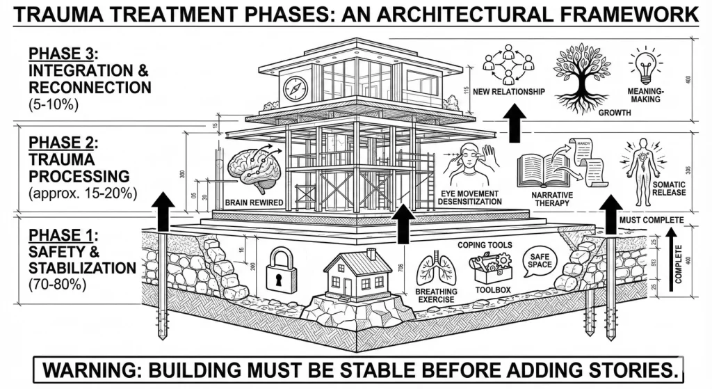 Three-tier trauma treatment structure: Phase 1 (safety and stabilisation, 70-80% of treatment), Pha