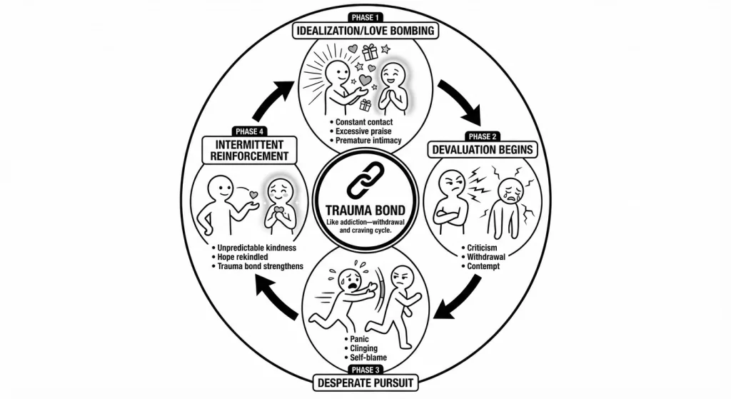 The idealisation-devaluation-trauma bond cycle. Phase 1 (top): Love bombing through constant contact