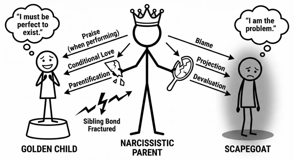 The narcissistic family's role assignments. The golden child (left) receives conditional praise and 