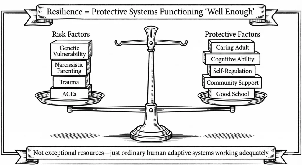 Resilience as balance: protective systems functioning 'well enough.' Risk factors (genetic vulnerabi
