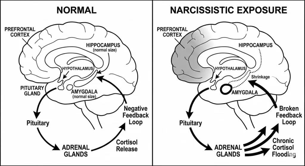 HPA Axis Dysregulation Cascade: Normal vs Chronic Activation. In healthy stress response (left), the