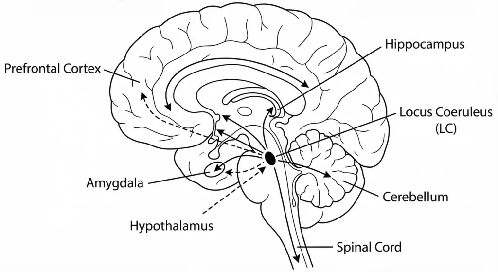 The locus coeruleus and its projections. Despite containing only 15,000–30,000 neurons per hemispher