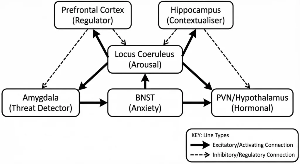 The stress response network. Threat detection (amygdala) triggers arousal (LC) and hormonal response